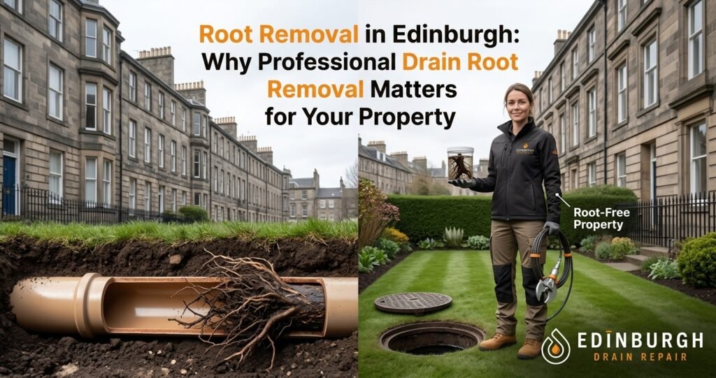 root removal in edinburgh, drain root removal, tree roots in drains, root removal drain repair, roots in drain signs, drain repair edinburgh, cctv drain survey, drain fault tracing, cast iron drain repair, plant removal cast iron pipe, communal drain repair, drain blockage causes, high pressure drain jetting, edinburgh drain repair, drain root damage, tenement drainage